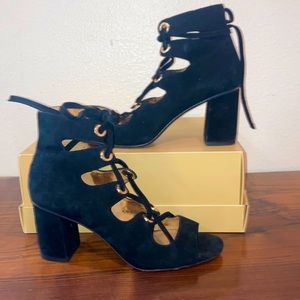 Coach black velvet sandals/open toebooties